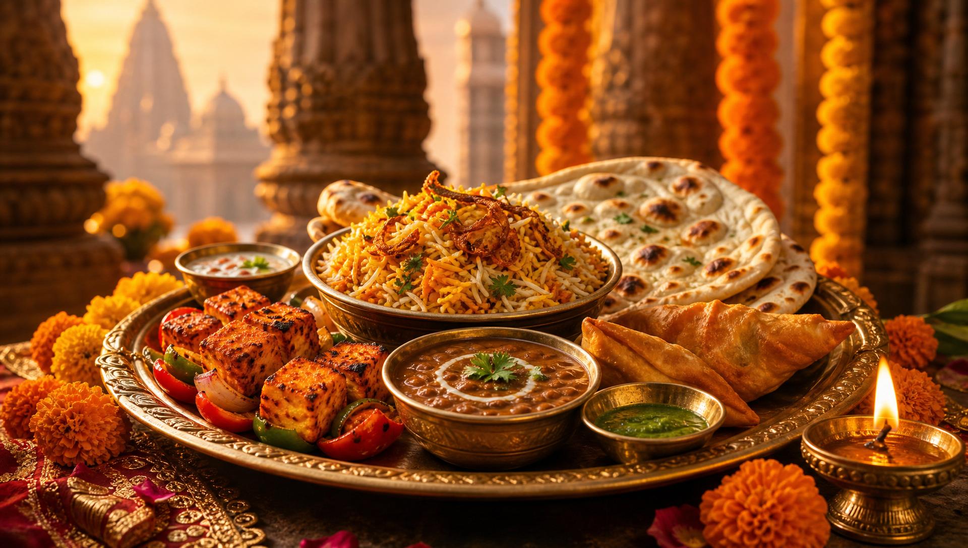 Authentic Indian feast with paneer, biryani, naan, samosas and dal in a temple setting